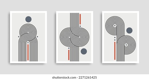 Set of abstract contemporary posters with geometric shapes. Collection of wall art. Modern boho minimalist art. Vector illustration. Design for print poster, cover, wallpaper. Stock.