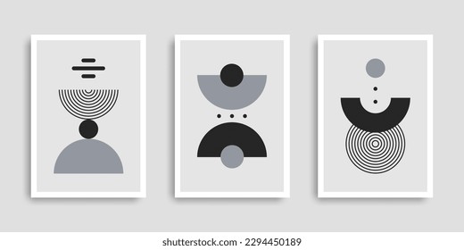 Conjunto de afiches contemporáneos abstractos con formas geométricas. Colección de arte mural. Arte moderno boho minimalista. Ilustración vectorial. Diseño para imprimir póster, portada, papel pintado. Existencias.