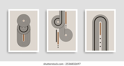 Conjunto de carteles contemporáneos abstractos con Formas geométricas. Colección de arte mural. Arte boho minimalista moderno. Ilustración vectorial. Diseño para el cartel de la impresión, cubierta, tarjeta de visita, Fondo de pantalla. Stock.