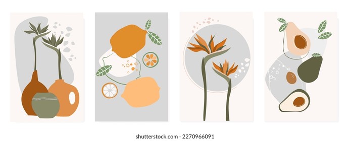 A set of abstract contemporary posters with strelitzia flowers in a vase, avocado and lemon fruits on a background of simple trendy shapes. Vector graphics.