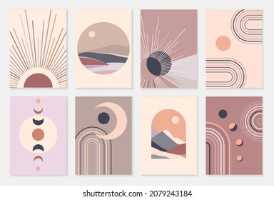 Afiches contemporáneos abstractos con luna de sol y paisaje al estilo boho. Fondo minimalista de mediados de siglo para decoración casera, decoración de paredes o cubiertas. Vector
