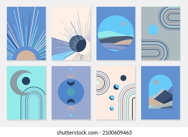 Set of abstract contemporary posters with sun moon and landscape in boho style. Mid century minimalist background for home decoration, wall decor or covers. Vector