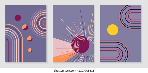 Afiches contemporáneos abstractos con luna de sol y paisaje al estilo boho. Fondo minimalista de mediados de siglo para decoración casera, decoración de paredes o cubiertas. Vector
