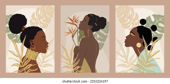 Conjunto de afiches abstractos contemporáneos, diseño de arte mural con hermosas mujeres negras sobre un fondo de color termal neutro con hojas tropicales. Magníficas damas africanas con peinados exóticos de arte vectorial