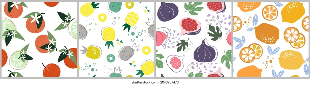 Set abstract contemporary seamless pattern with citrus fruits, vitamins. Healthy vegan food. Lemons, oranges, tangerines into round slices, figs, pineapple. Simple shapes, leaves. Vector graphics.