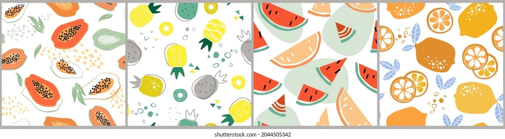 Set of abstract contemporary seamless pattern with citrus fruits, vitamins. Healthy vegan food. Lemons, papaya, slices, watermelon, pineapple. Simple shapes, leaves. Vector graphics.