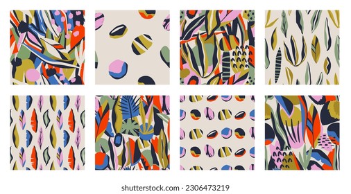 Set of Abstract contemporary seamless pattern with hand drawn shapes, spots, dots and lines with textures. Vibrant boho print. Modern collage vector illustration