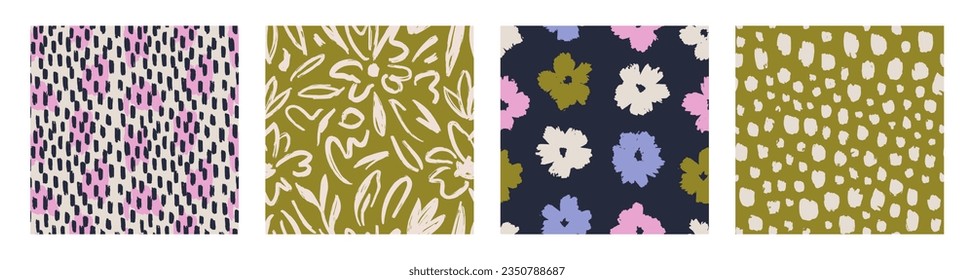 Set of Abstract contemporary seamless pattern with hand drawn flower shapes, spots, dots and lines with textures. Vibrant boho print. Modern collage vector illustration