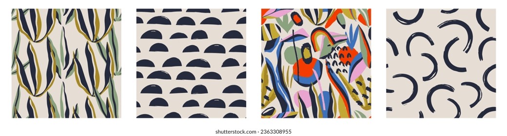 Set of Abstract contemporary seamless pattern with hand drawn shapes, spots, dots and lines with textures. Vibrant boho print. Modern collage vector illustration