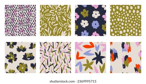 Set of Abstract contemporary seamless pattern with hand drawn flower shapes, spots, dots and lines with textures. Vibrant boho print. Modern collage vector illustration
