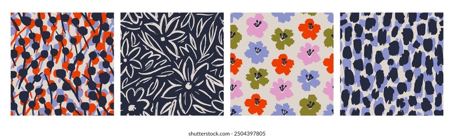 Set of Abstract contemporary seamless pattern with hand drawn flower shapes, spots, dots and lines with textures. Vibrant boho print. Modern collage vector illustration