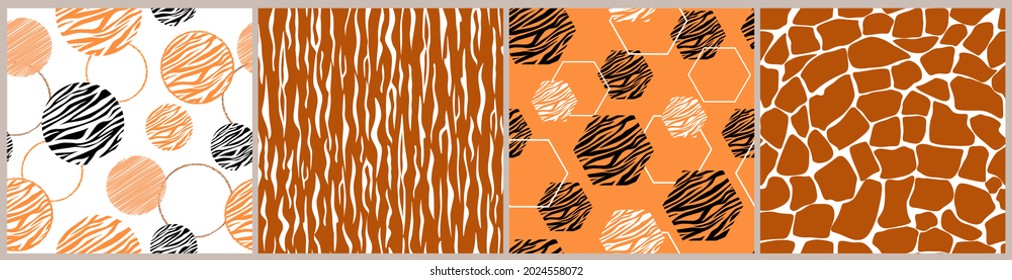 A set of abstract contemporary seamless patterns with a print of wild animal coloring. Tiger stripes, leopard, jaguar, giraffe spots and simple geometric shapes. Vector graphics.