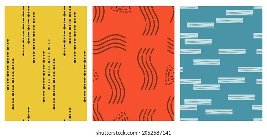 Set of abstract contemporary seamless patterns with dots, grunge line curve and short line. Mid century modern art style.