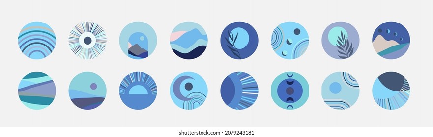 Set of abstract contemporary story highlight cover with sun moon and landscape in boho style. Mid century minimalist icons for blog. Vector