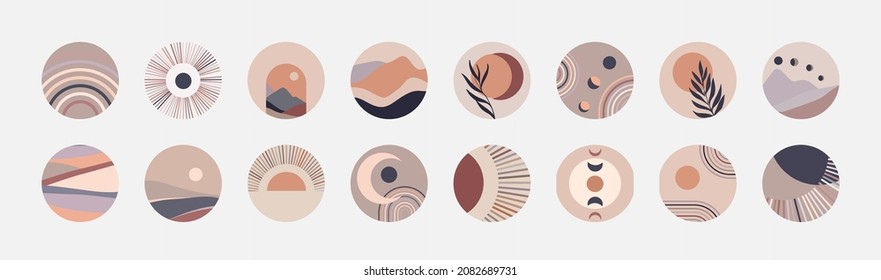 Set of abstract contemporary story highlight cover with sun moon and landscape in boho style. Mid century minimalist icons for blog. Vector