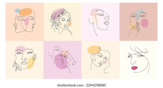 Set of abstract continuous line face person line art vector illustration collection.