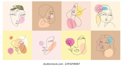 Set of abstract continuous line face person line art vector illustration collection.