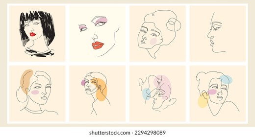 Set of abstract continuous line face person line art vector illustration collection.