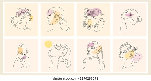Set of abstract continuous line face person line art vector illustration collection.