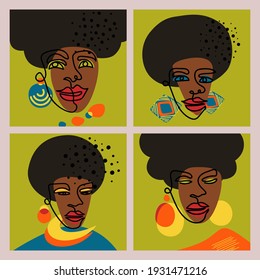 Set of abstract continuous line portraits of African American women. Modern Art. Template for print, banner, flyer.