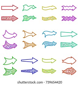 Set of Abstract Contour Arrows of Various Colors on White Background. Vector