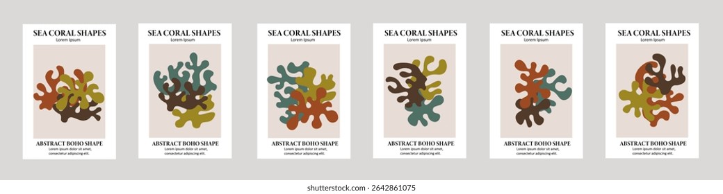 Set of abstract coral banners. Boho style poster.
Modern artistic template for cover design, postcard or wall decor print.
Vector illustration.