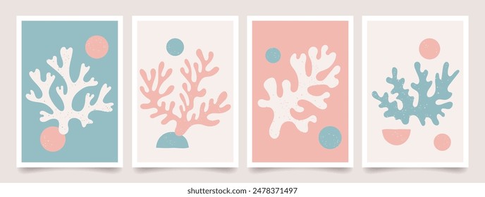 Set of abstract coral poster. Sea life. Modern trendy Matisse minimal style. Contemporary art print with organic nature shapes. Vector design for wall decor, print, postcard, cover, template, banner.