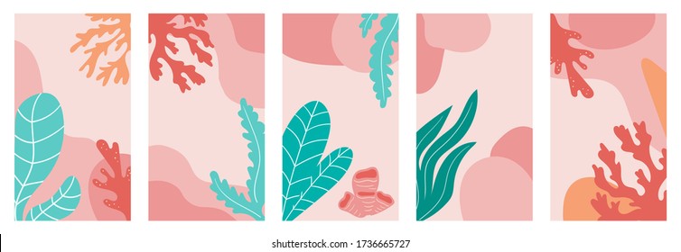 Set of abstract coral and seaweeds backgrounds for social media, promotional content. Trendy pastel colors. Vector underwater scene.