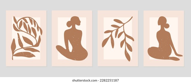 Set of abstract cover background inspired by matisse. Leaf, nude female body, monochrome pattern, grunge texture. Contemporary aesthetic illustrated design for wall art, decoration, print, wallpaper.