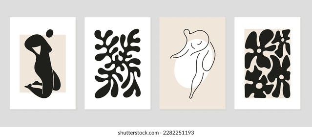 Conjunto de fondo de portada abstracta inspirado en matismos. Cuerpo femenino desnudo, postura, coral, flor, monocromo. Diseño estético contemporáneo ilustrado para el arte de la pared, decoración, impresión, papel pintado.