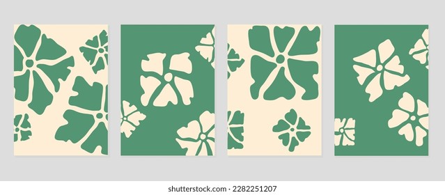 Set of abstract cover background inspired by matisse. Plants, flower green pattern in hand drawn style. Contemporary aesthetic illustrated design for wall art, decoration, wallpaper, print.