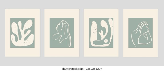 Conjunto de fondo de portada abstracta inspirado en matismos. Cuerpo femenino desnudo, coral, monocromo, textura gruesa. Diseño estético contemporáneo ilustrado para el arte de la pared, decoración, impresión, papel pintado.