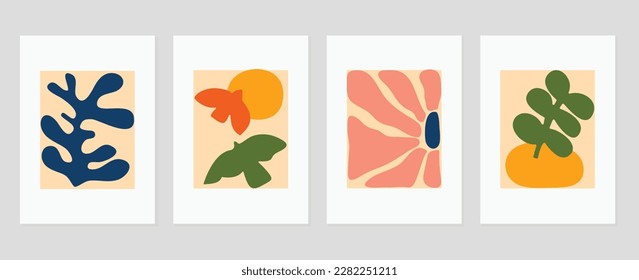 Set of abstract cover background inspired by matisse. Plants, leaf, flower, bird colorful in hand drawn style. Contemporary aesthetic illustrated design for wall art, decoration, wallpaper, print.