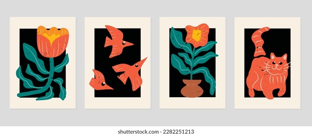 Set of abstract cover background inspired by matisse. Plants, leaf branch, cat, bird, vase, grunge texture. Contemporary aesthetic illustrated design for wall art, decoration, print, wallpaper.