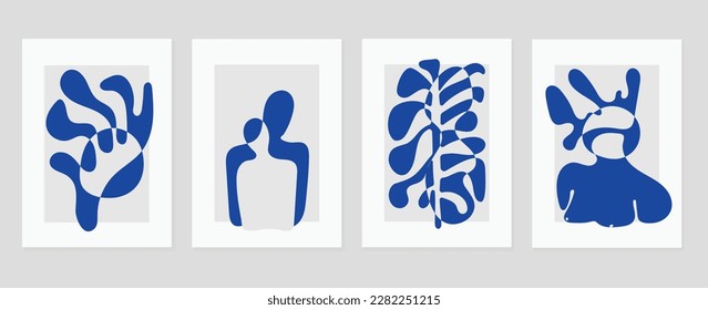 Set of abstract cover background inspired by matisse. Coral, nude people, monochrome, leaf in hand drawn style. Contemporary aesthetic illustrated design for wall art, decoration, print, wallpaper.