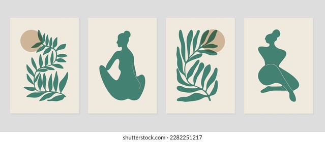 Set of abstract cover background inspired by matisse. Plants, leaf branch, nude female body, monochrome pattern. Contemporary aesthetic illustrated design for wall art, decoration, print, wallpaper.