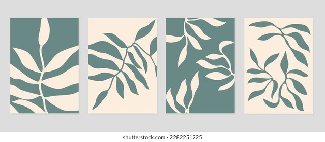 Set of abstract cover background inspired by matisse. Plants, leaf, branch green pattern in hand drawn style. Contemporary aesthetic illustrated design for wall art, decoration, wallpaper, print.