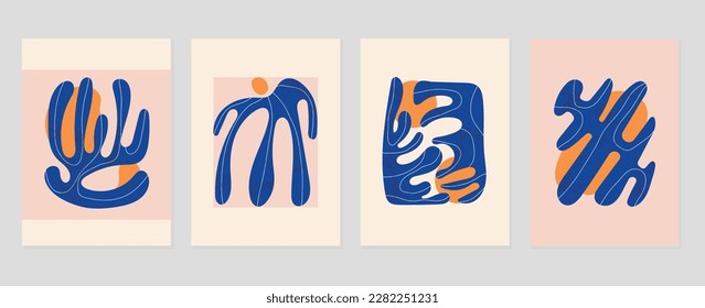 Set of abstract cover background inspired by matisse. Plants, leaf branch, coral, sun in hand drawn style. Contemporary aesthetic illustrated design for wall art, decoration, print, wallpaper.