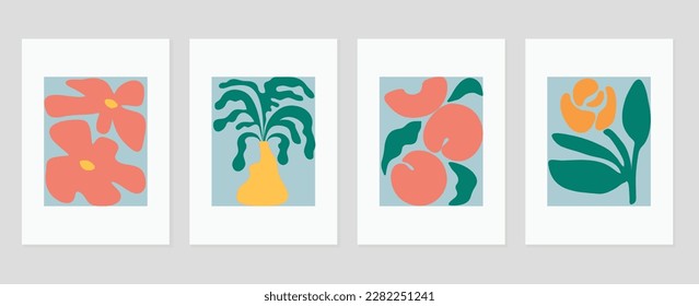 Set of abstract cover background inspired by matisse. Plants, leaf , colorful flower, vase in hand drawn style. Contemporary aesthetic illustrated design for wall art, decoration, print, wallpaper.