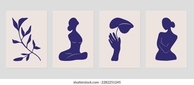 Conjunto de fondo de portada abstracta inspirado en matismos. Hoja, cuerpo femenino desnudo, patrón monocromo, textura gruesa. Diseño estético contemporáneo ilustrado para el arte de la pared, decoración, impresión, papel pintado.