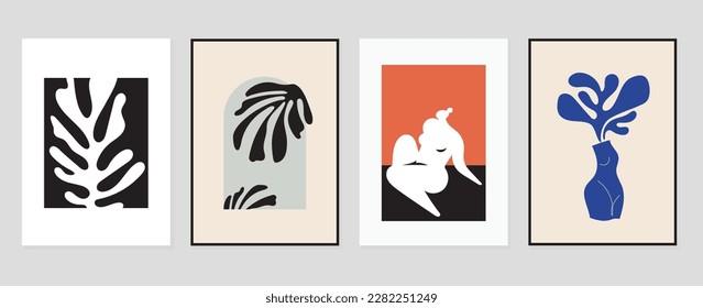 Set of abstract cover background inspired by matisse. Nude female body, posture, coral, flower, vase. Contemporary aesthetic illustrated design for wall art, decoration, print, wallpaper.