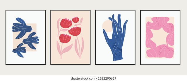 Conjunto de fondo de portada abstracta inspirado en matismos. Plantas, pájaro, hoja, flor, mano, textura gruesa. Diseño estético contemporáneo ilustrado para el arte de la pared, decoración, impresión, papel pintado.