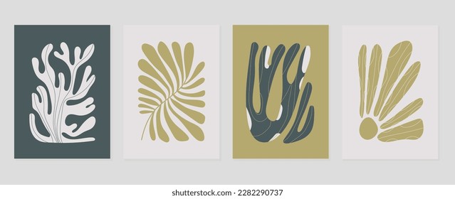 Set of abstract cover background inspired by matisse. Plants, leaf branch, coral, flower in hand drawn style. Contemporary aesthetic illustrated design for wall art, decoration, print, wallpaper.