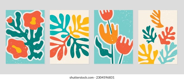Set abstract cover background inspired by matisse  Plants  leaf  flower  coral  grunge texture in hand drawn style  Contemporary aesthetic illustrated design for wall art  decoration  wallpaper 