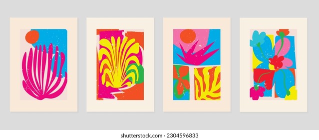 Set abstract cover background inspired by matisse  Plants  leaf  flower  coral  grunge texture in hand drawn style  Contemporary aesthetic illustrated design for wall art  decoration  wallpaper 