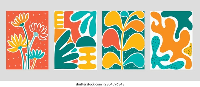 Set of abstract cover background inspired by matisse. Plants, leaf branch, coral, flower in hand drawn style. Contemporary aesthetic illustrated design for wall art, decoration, wallpaper.