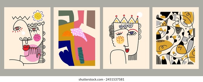 Conjunto de arte abstracto de la pared del fondo de la cubierta, floral, planta, flor, retrato de cara, figura de persona Ilustración vectorial. Diseño estético para impresión artística, decoración y Fondo de pantalla.