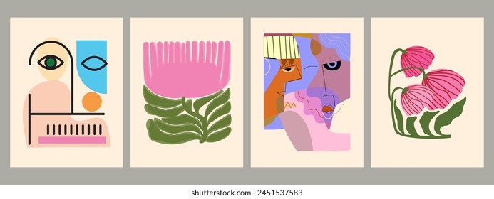 Set of abstract cover background wall art, floral, plant, flower, face portrait, person figure vector illustration. Aesthetic design for art print, decoration and wallpaper.