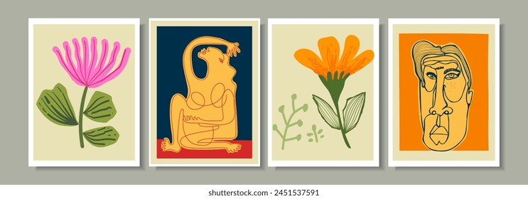 Set of abstract cover background wall art, floral, plant, flower, face portrait, person figure vector illustration. Aesthetic design for art print, decoration and wallpaper.