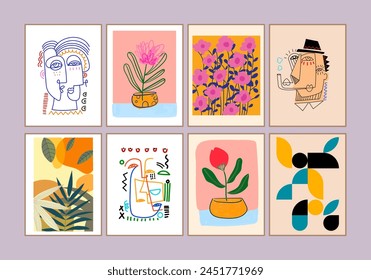 Set of abstract cover background wall art, plants, flowers, floral. person figure, face portrait vector illustration. Aesthetic design for art print, wallpaper, decoration.